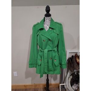 Calvin Klein Trench Green Double Breasted Belted Trench Coat Women SZ L preppy